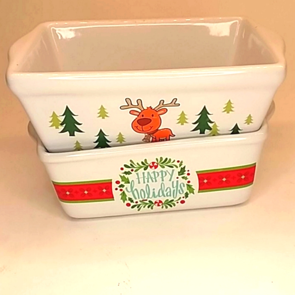 set of Loaf pans 5" x 3 1/2" Christmas reindeer and Happy Holidays loaf pans